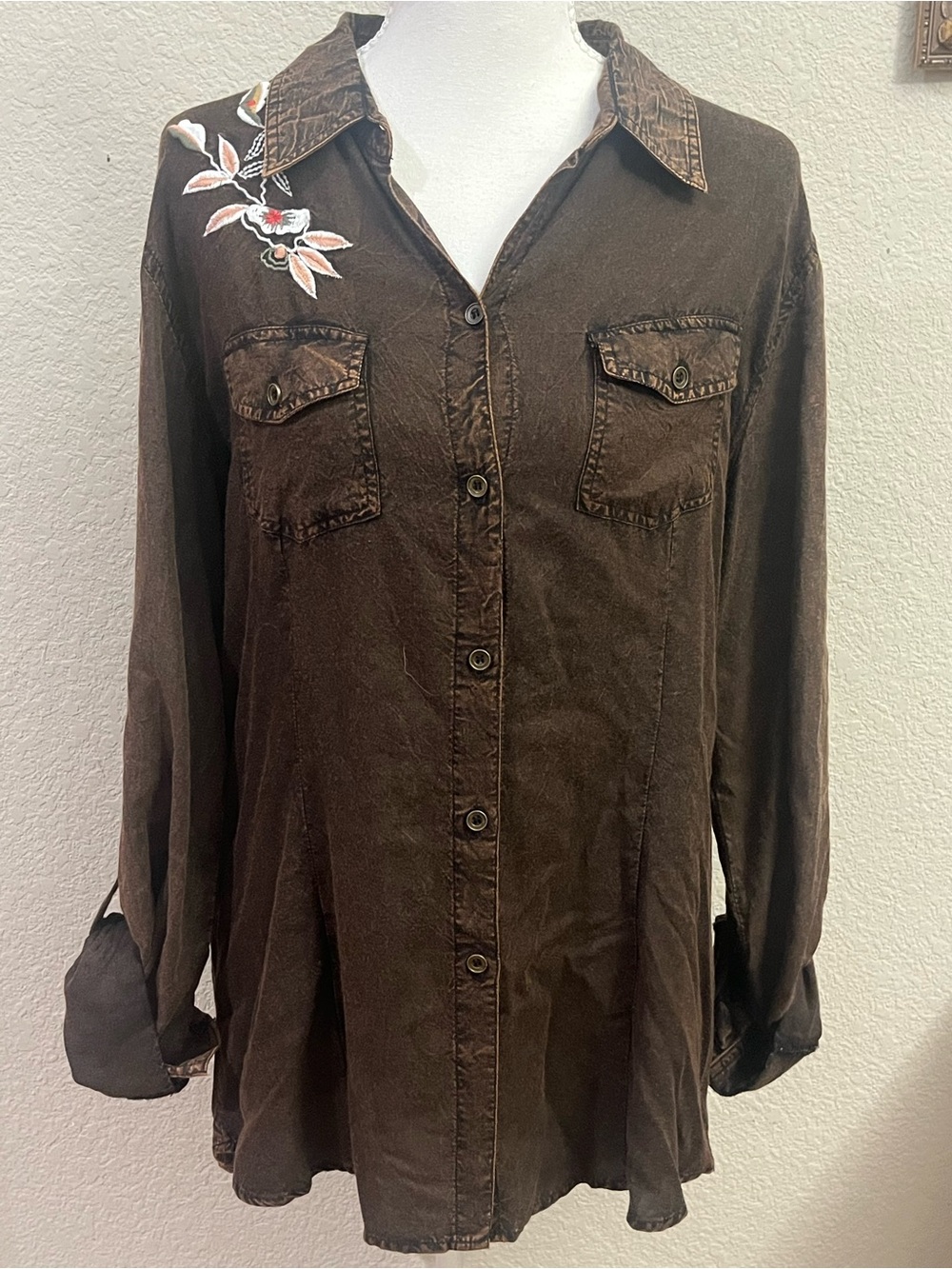 Emma G brown, long-sleeve embroidered button-down utility tunic shirt